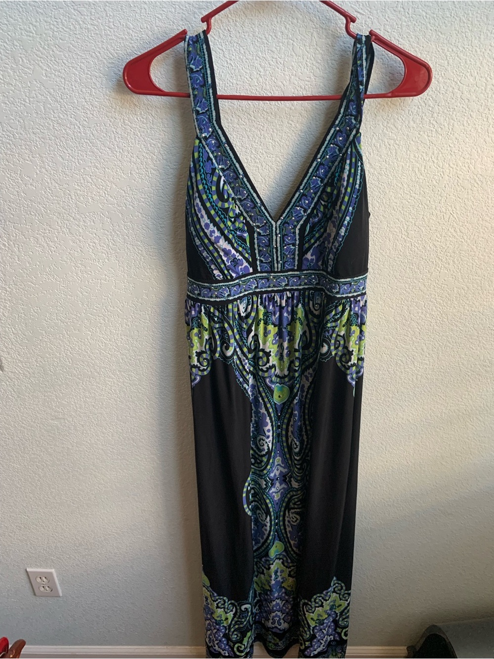INC International Concepts Black Paisley Maxi Dress with Blue & Green Accents